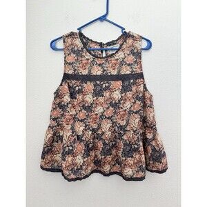 Current/Elliott Women's Floral Sleeveless Cotton Peplum Blouse Crochet Large